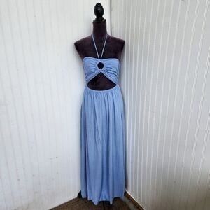 Labiz Blue Tie Neck Halter Linen Blend Maxi Long Dress Women's Cutout Sz S